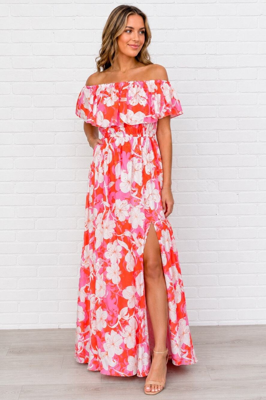 Entro Womens L Off Shoulder Maxi Dress Pink Orange Floral Tropical Boho Slit L